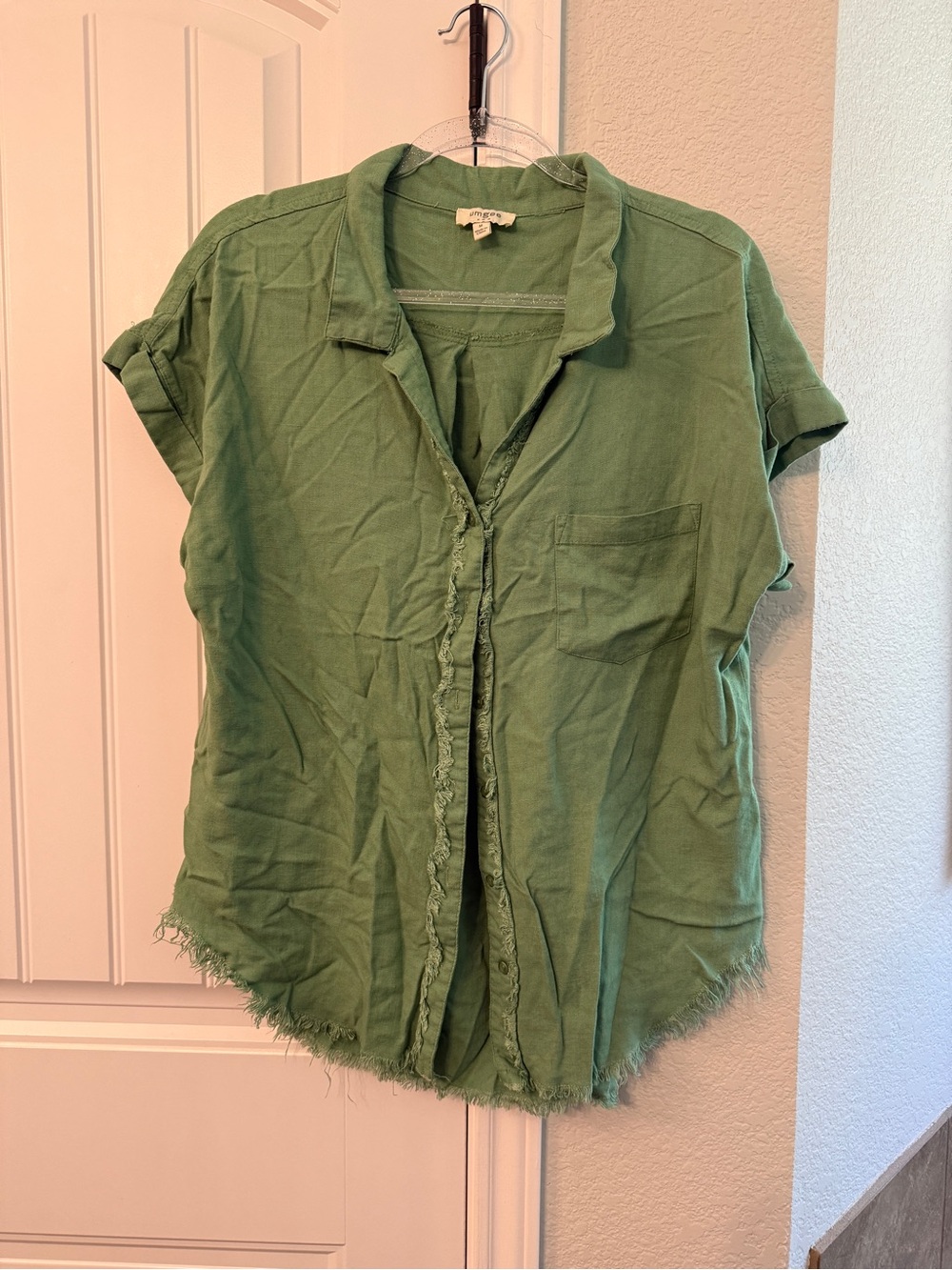 Umgee Olive Green Short Sleeve Button Front Blouse